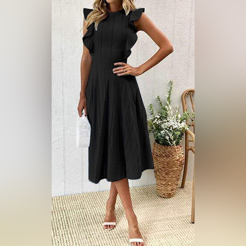 Black Cocktail Ruffle Cap Sleeves A-Line Midi Dress Medium